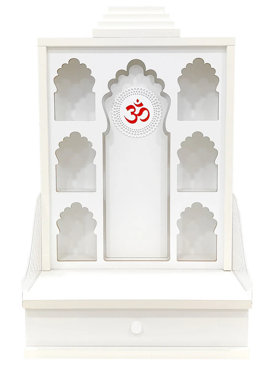 Rudracharms Wooden Wall Hanging Home Temple | Mandir for Home | Pooja Mandir | 6 Shelves, Drawer, Strip Lights