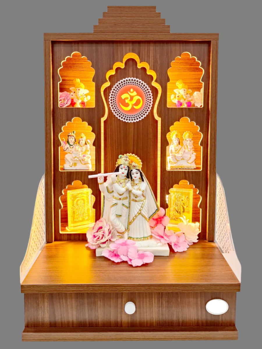 Rudracharms Wooden Wall Hanging Home Temple | Mandir for Home | Pooja Mandir | 6 Shelves, Drawer, Strip Lights