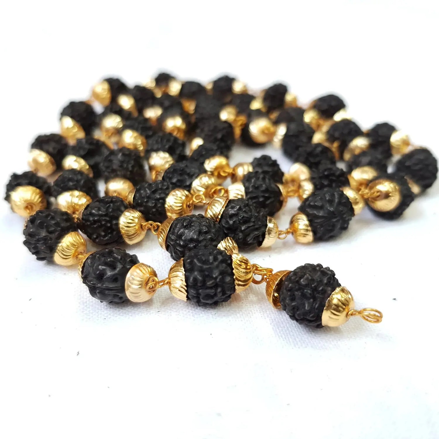 Panch Mukhi Rudraksha Mala 9mm Round Rudraksha mala 5 Mukhi Rudraksha Beads mala in Golden Cap for Prayer Jap Mala & Meditation - Rudracharms